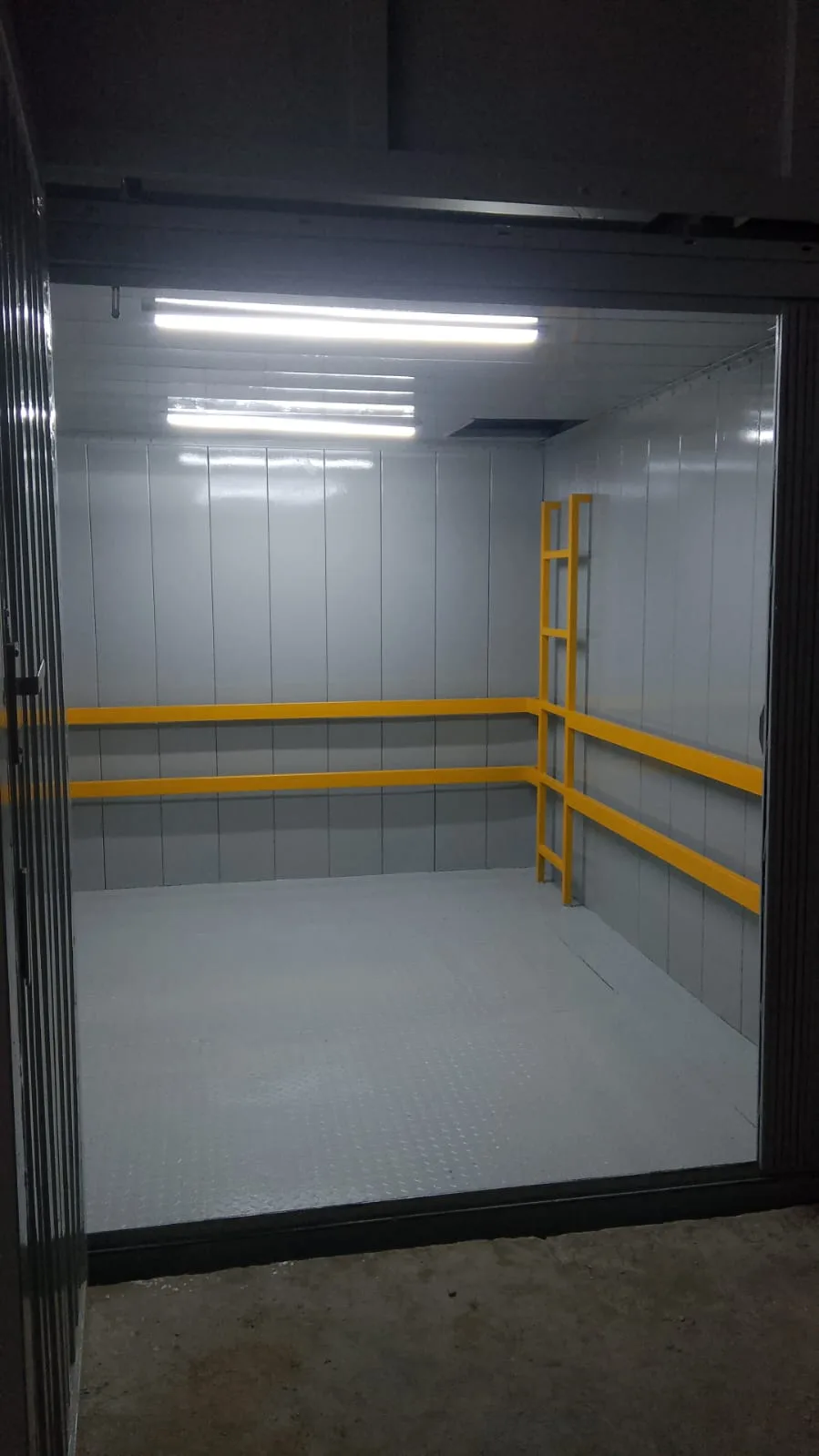 Completed cargo lift cabin with safety rails